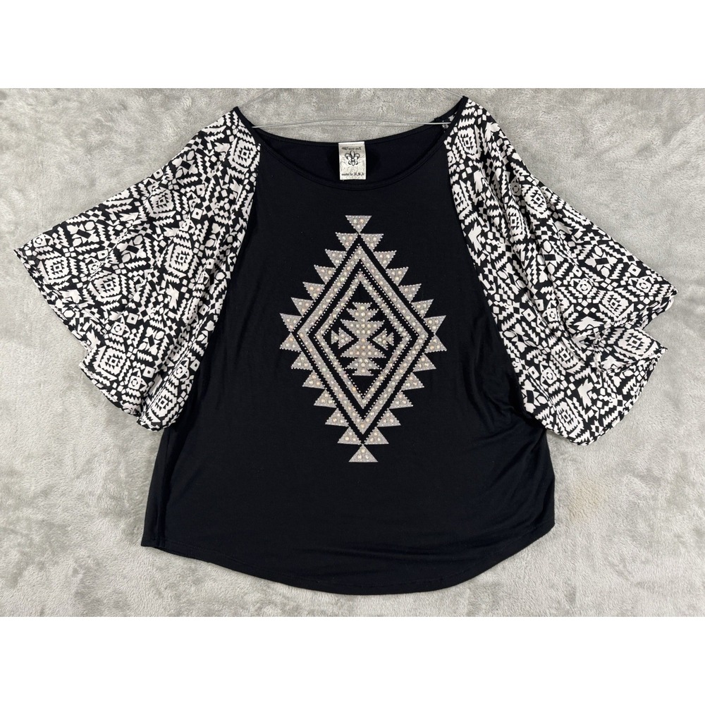 Vocal Top Womens M‎ Y2K Kimono Gothic Aztec Lagenlook Made In USA Black White